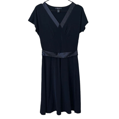 Style & Co Womens Sz S Black Midi Dress A Line Satin Trim V Neck