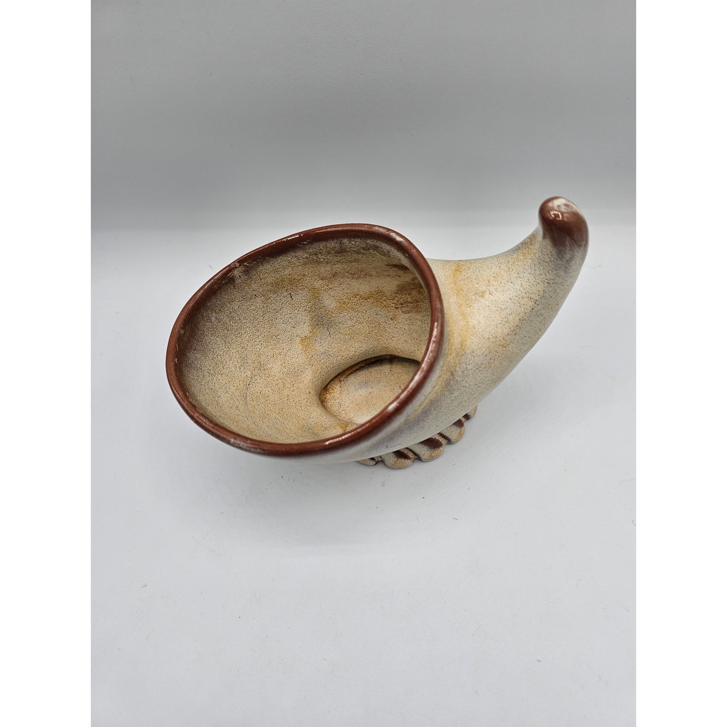 MCM Frankoma Pottery 57 Cornucopia Vase Dish 3x8” Beige Gracetone Serveware VTG