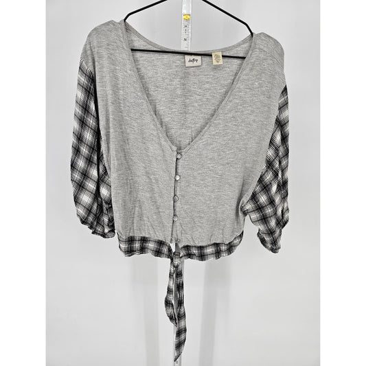 Daytrip Womens Sz S Balloon Sleeve Cropped Button Front Top Gray Plaid