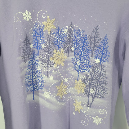 Vintage 1990s Womens Sz M Crew Neck Sweatshirt Light Purple Snow Forest Winter