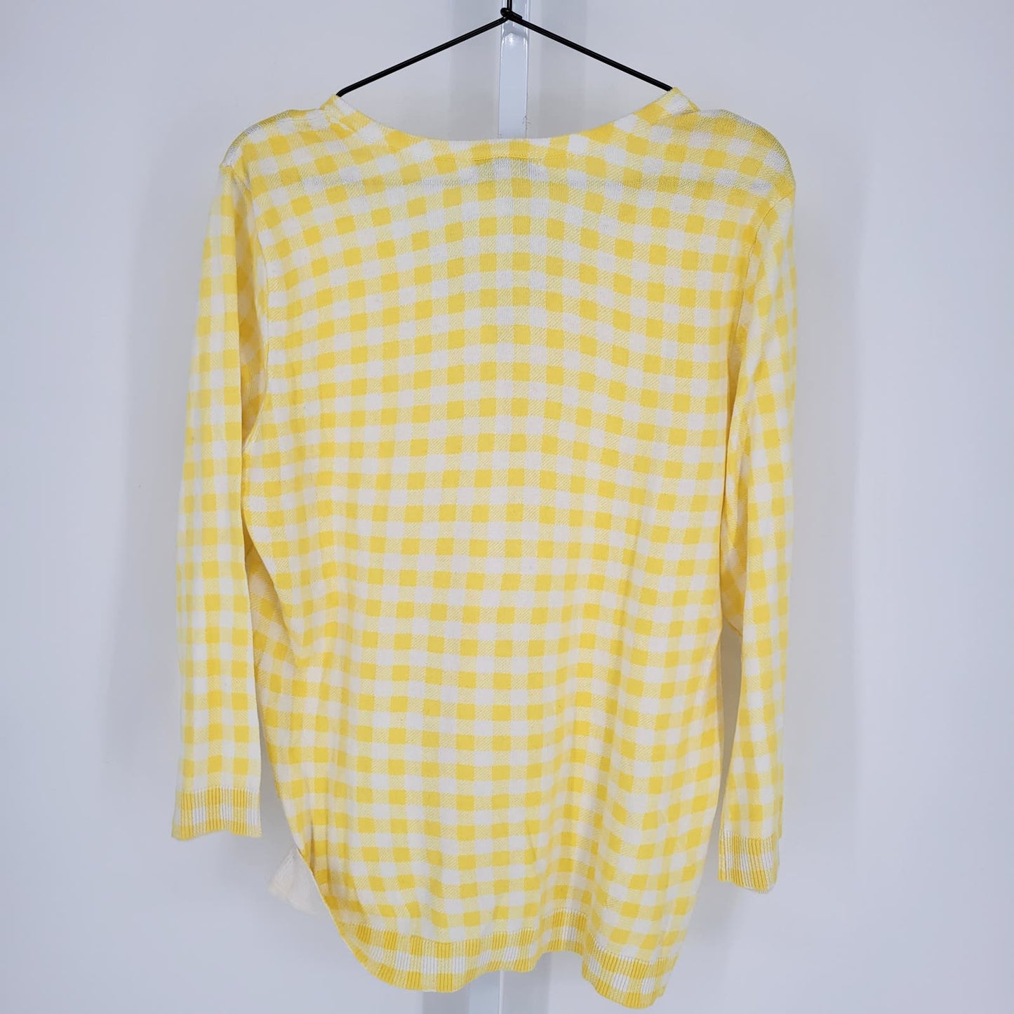 Kim Rogers Womens Sz L Lightweight Bright Yellow Buffalo Plaid Cardigan Sweater