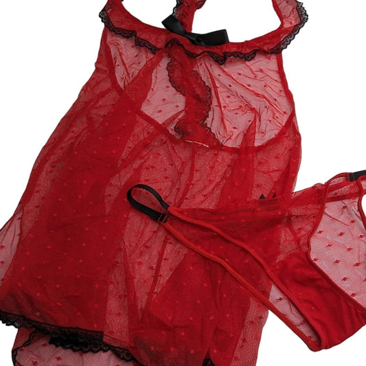 Vintage 1990s Womens Sz M Nightie Set Red Black Mesh Semi Sheer Y2K