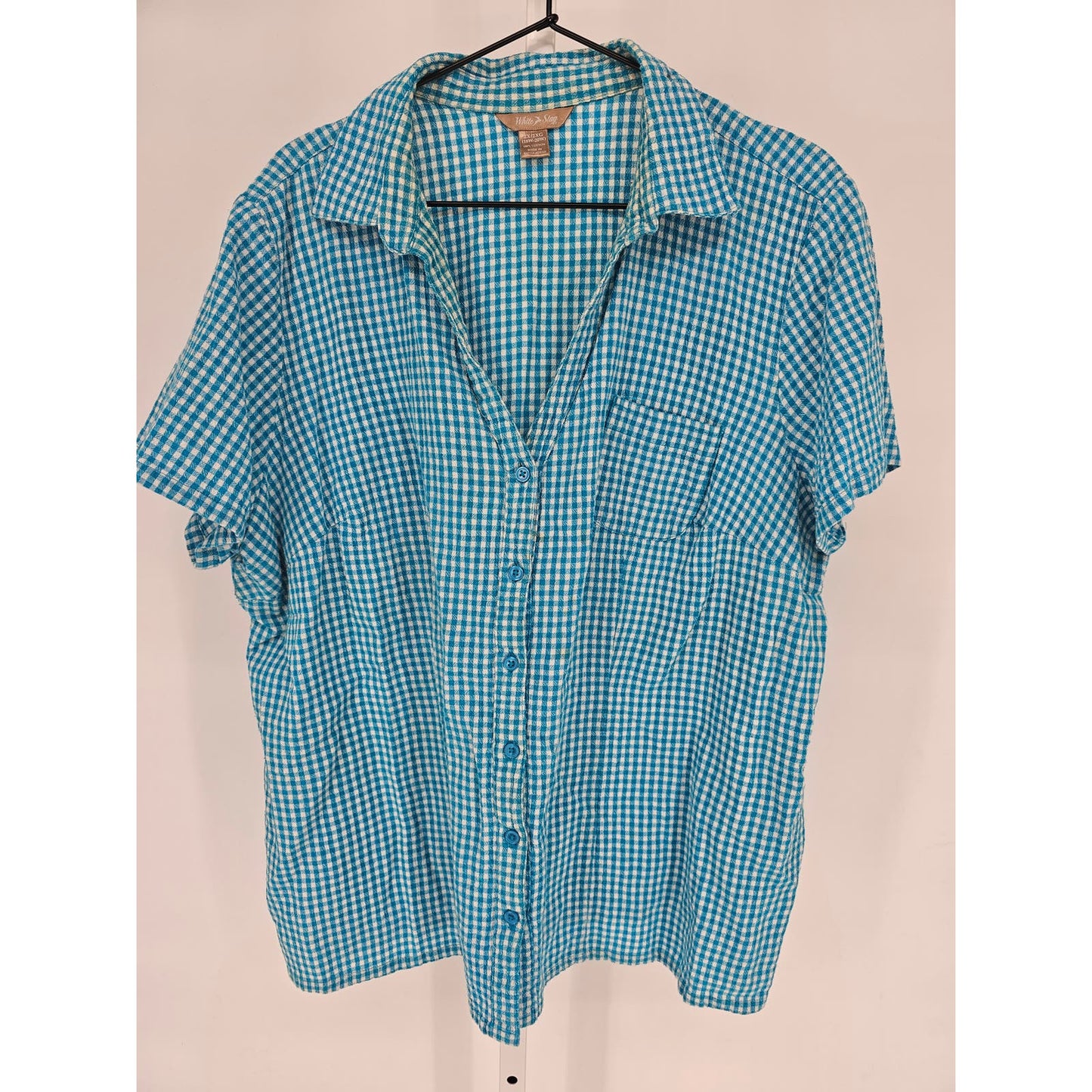 White Stag Womens Sz 2X Short Sleeve Button Up Plaid Shirt Bright Blue