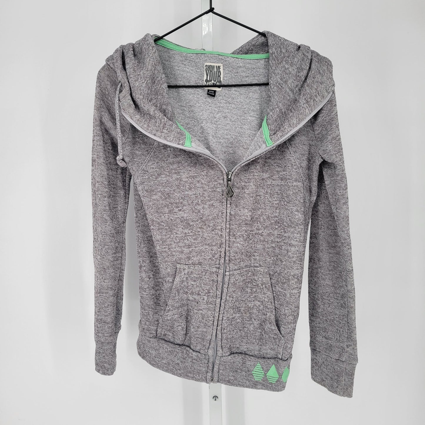 Volcom Womens Sz S Full Zip Hoodie Sweatshirt Light Gray Green