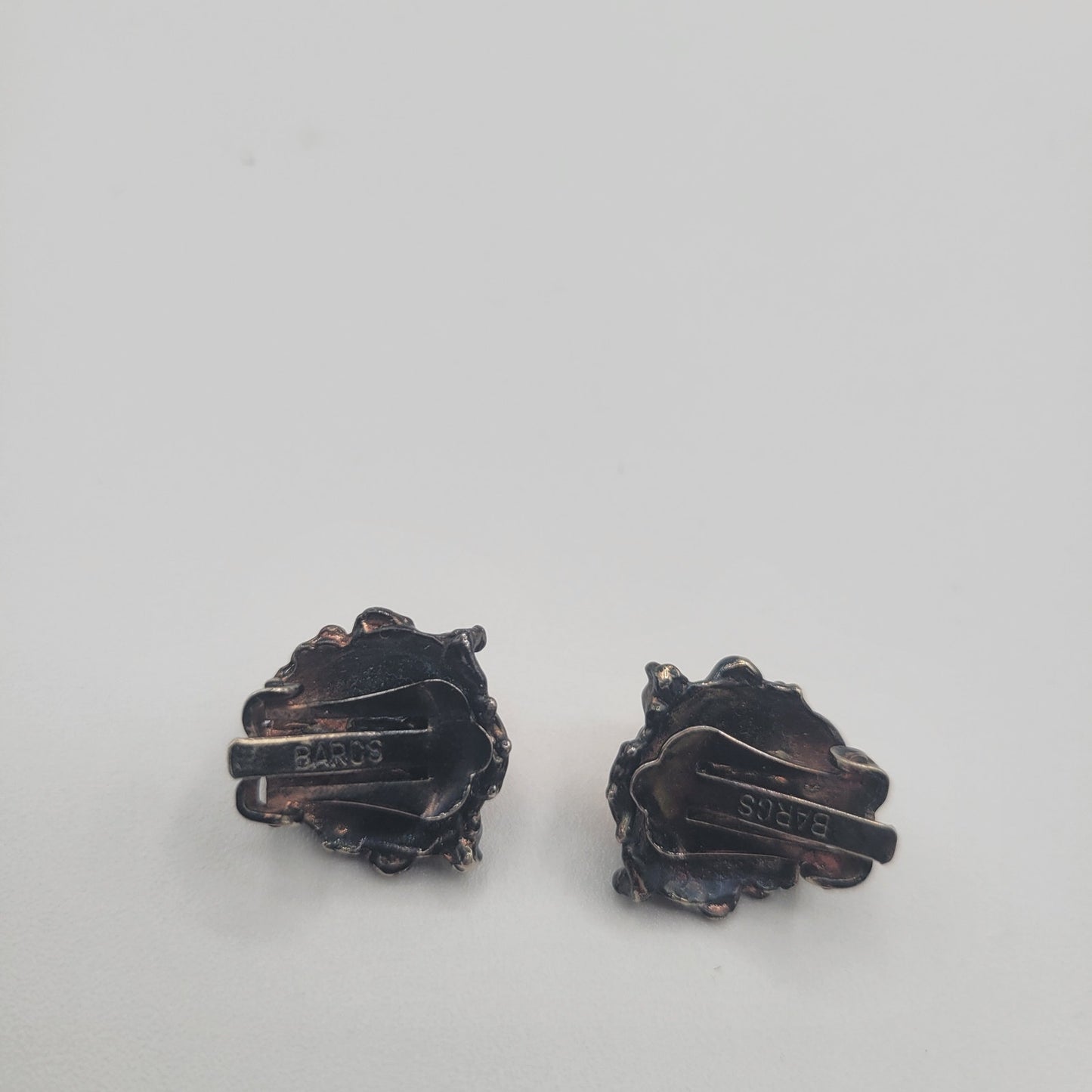 Vintage BARCS Silver TONE Amber Orange Glass CABOCHON Clip ON Earrings