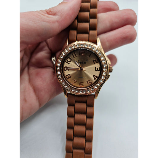 Vintage Y2K Vivani Womens Dark Gold Tone Watch Wristwatch Rubber Band Rhinestone