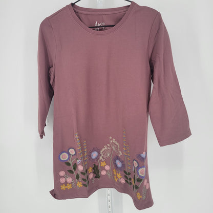 Denim & Co Womens Sz XS 3/4 Sleeve Tunic T Shirt Dusty Rose Embroidered Floral