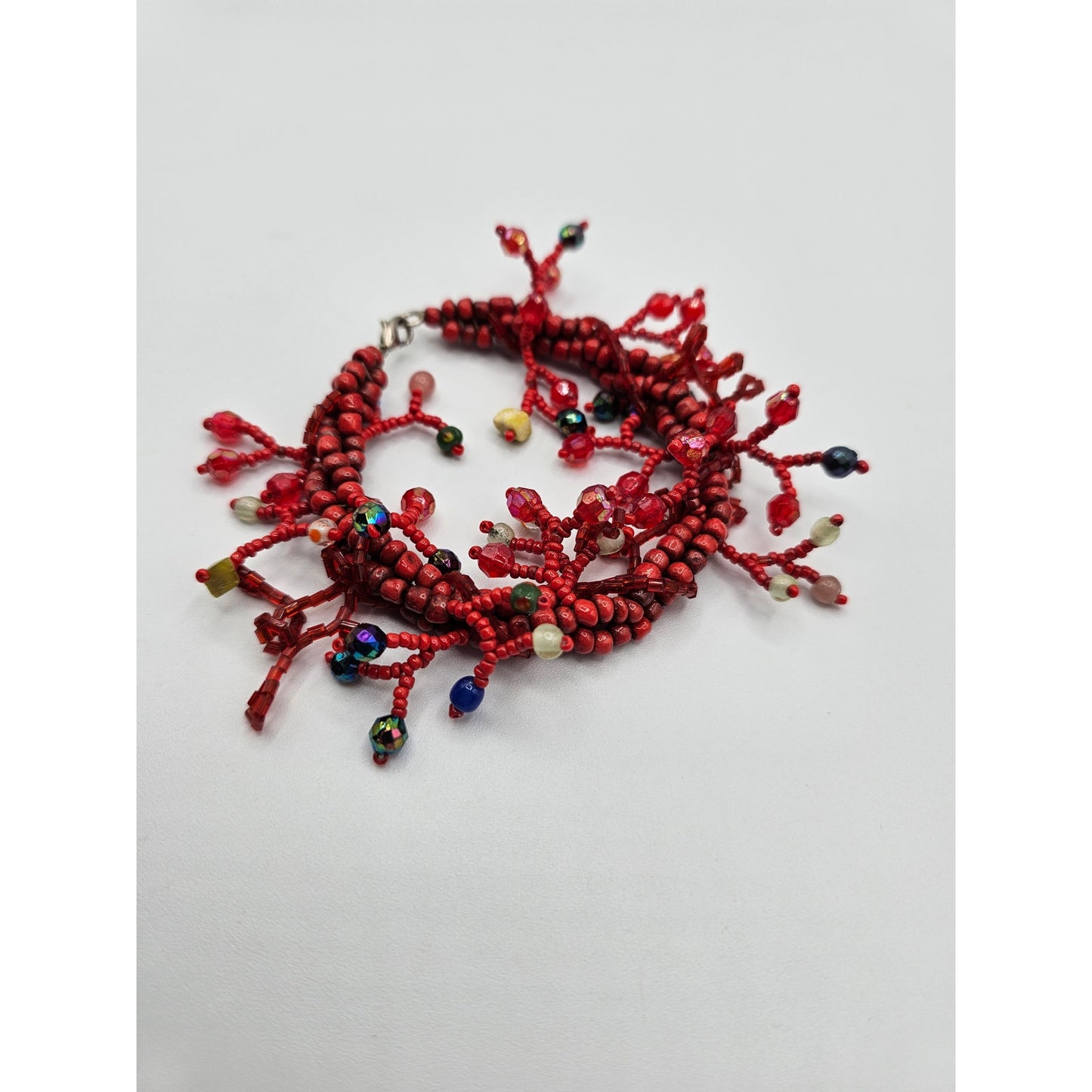 Vintage Multi Strand Seed Bead Bracelet Red Rainbow Accents Clasp Closure