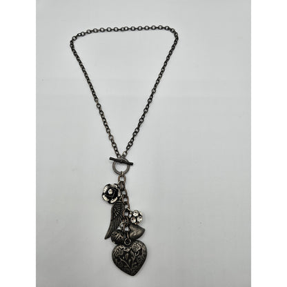 Vintage Y2K Silver Tone Toggle Charm Necklace Feather Heart Rose Rhinestone