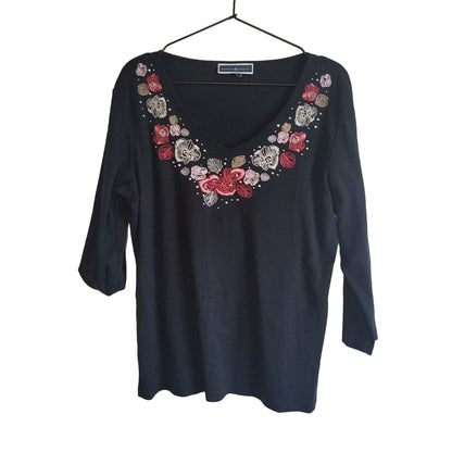 Karen Scott Womens Sz M 3/4 Sleeve Cotton Top Black Embroidered Floral