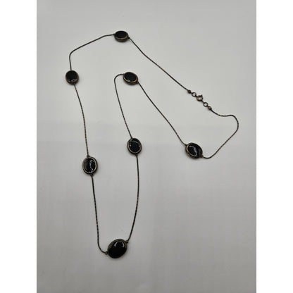 Vintage Silver Tone Long Strand Necklace Dainty Black Stone Accents