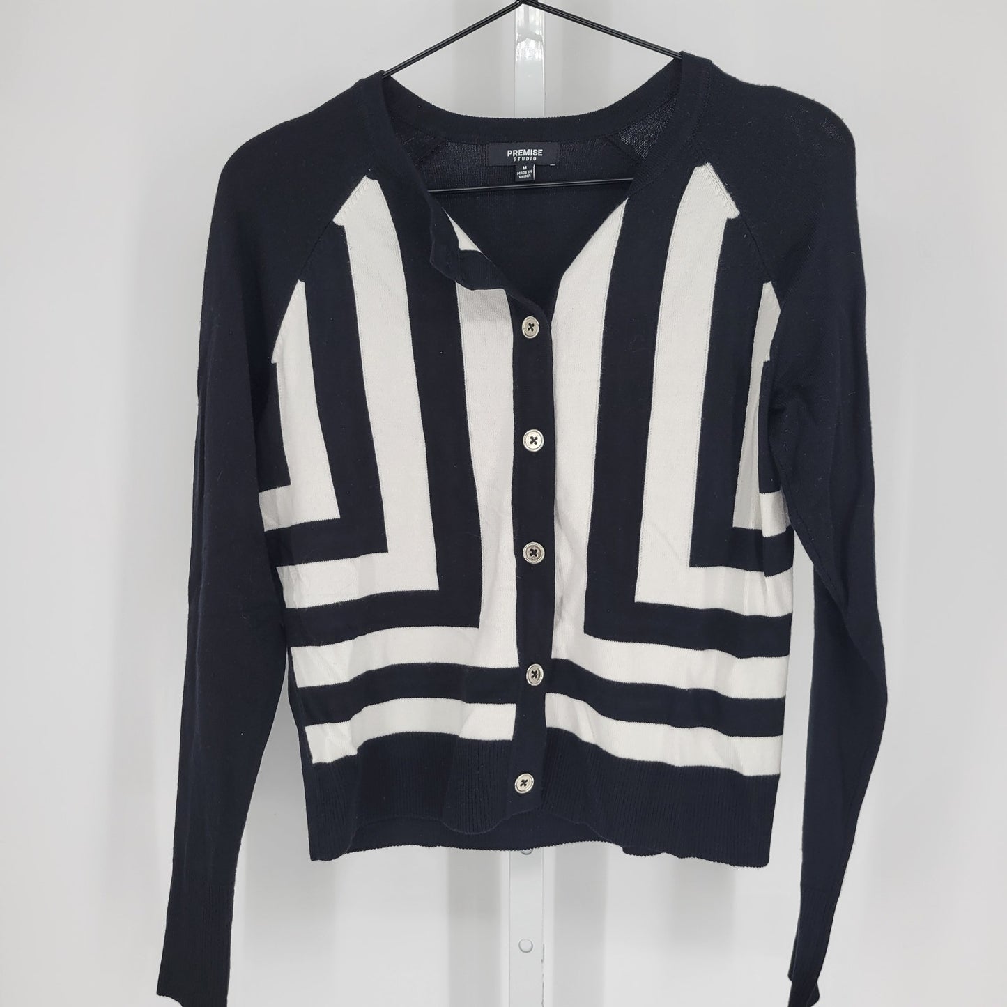 Premise Studio Womens Sz M Button Front Cardigan Sweater Black White Mod