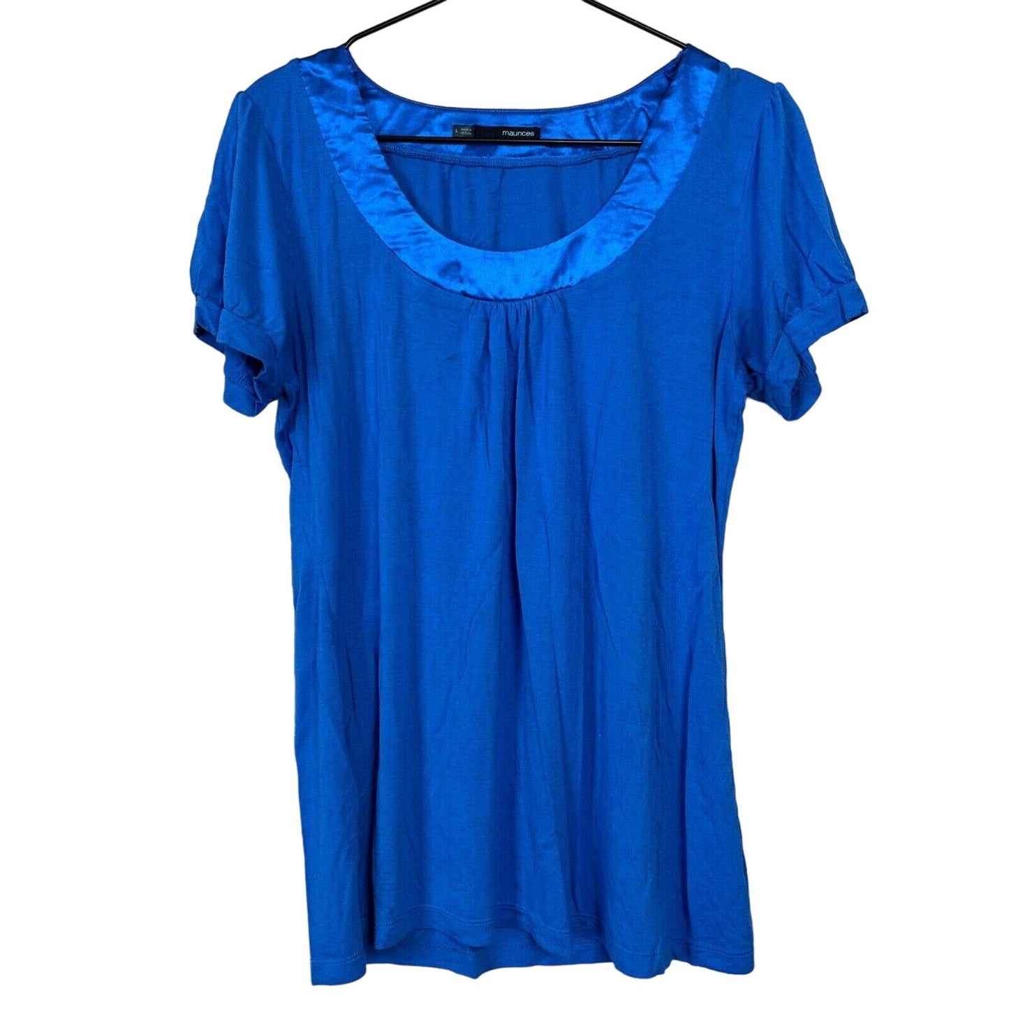 Maurices Womens Sz L Blue Blouse w/ Satin Trim Scoop Neck