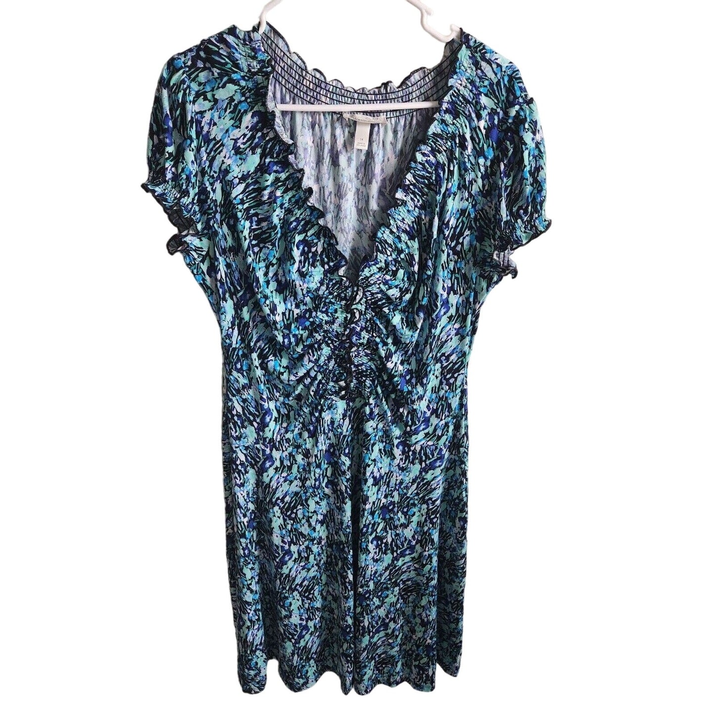 Dressbarn Womens Sz 14 Midi Length Short Sleeve Dress V Neck Blue Abstract Print