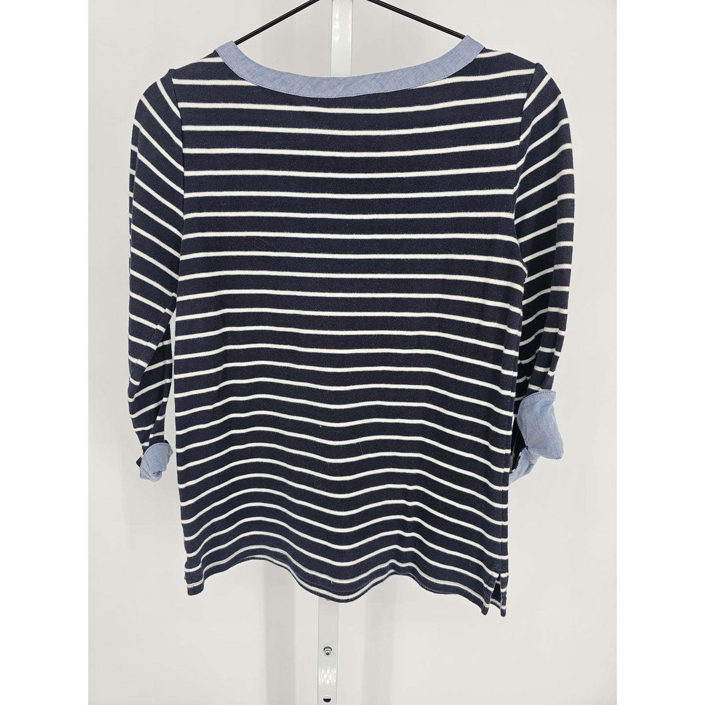 Nautica Womens Sz S Navy Vlue Striped 3/4 Sleeve Top Chambray Trim