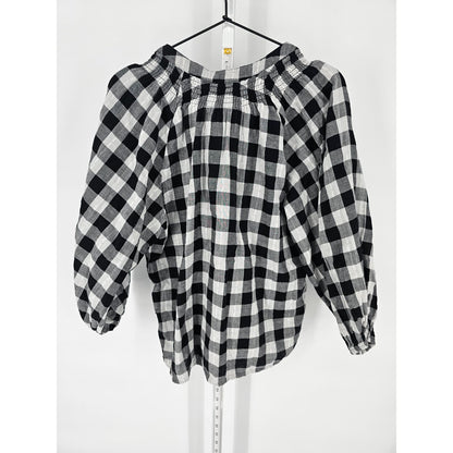 Time and Tru Womens L Balloon Sleeve Button Up Blouse Black White Buffalo Plaid