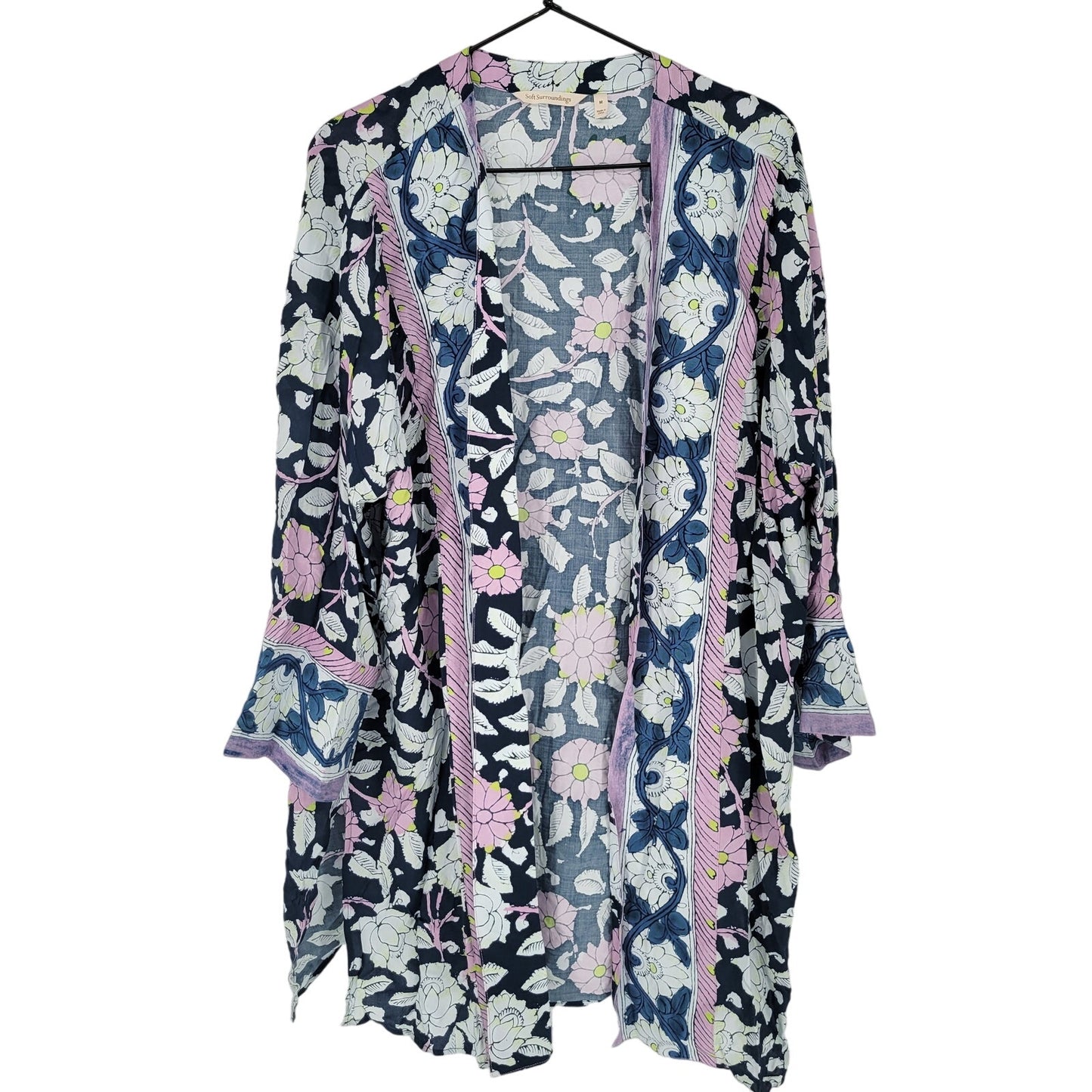 Soft Surroundings Womens Sz M Open Front Cardigan Kimono Blue Pink Floral