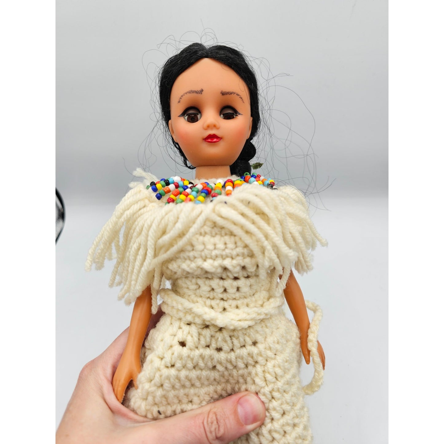 Vintage Native American Princess Doll w/ Fringed Crochet Dress 15" Beaded