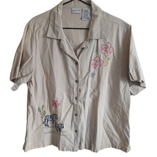 Vintage White Stag Sz XL Button Up Short Sleeve Top Safari Animal Embroidered