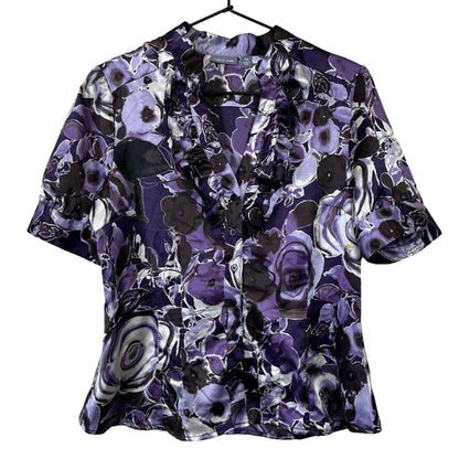 Apt 9 Petite PM Button Down Satin Blouse Purple Black Floral Short Sleeve