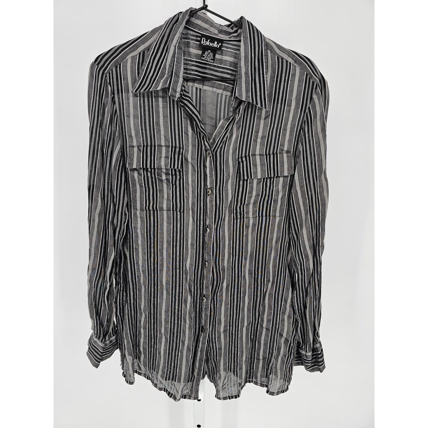 Rafaella Womens Sz 10 Button Up Dress Shirt Silk Linen Blend Striped Black White