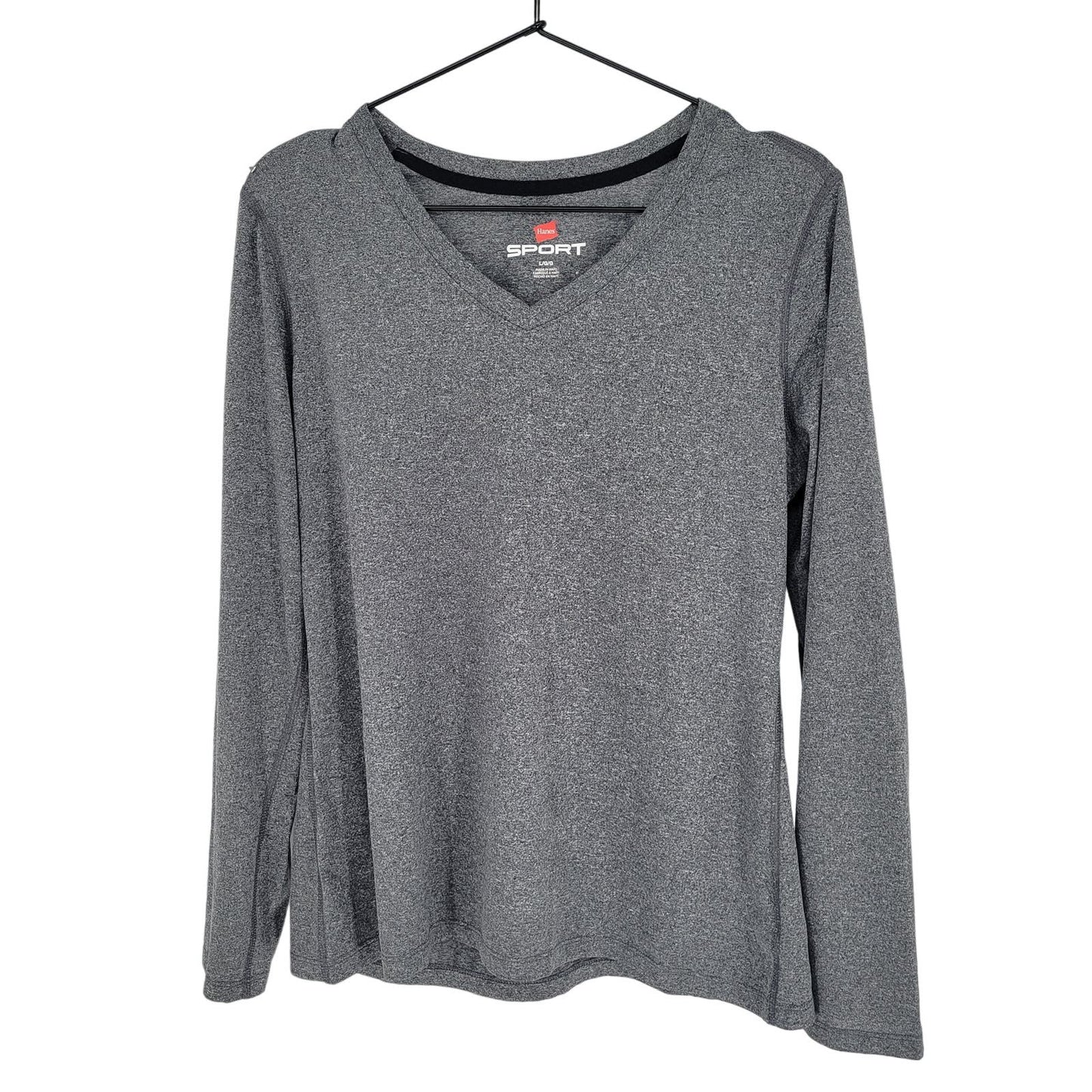 Hanes Sport Womens Sz L Long Sleeve Athletic T Shirt Gray V Neck