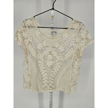 Express Womens Sz S Cropped Ivory Lace T Shirt Short Sleeve Crochet