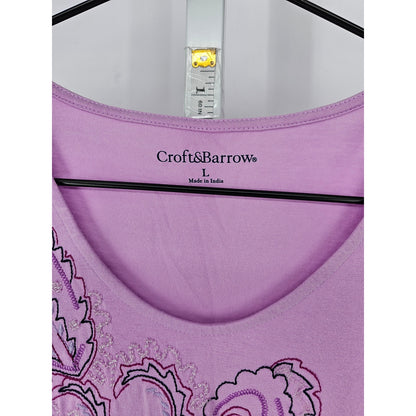 Croft & Barrow Womens Sz L Short Sleeve T Shirt Light Purple Paisley Embroidered