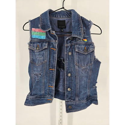 The Limited Womens Sz M Blue Jean Denim Vest Distressed Pride Button Up