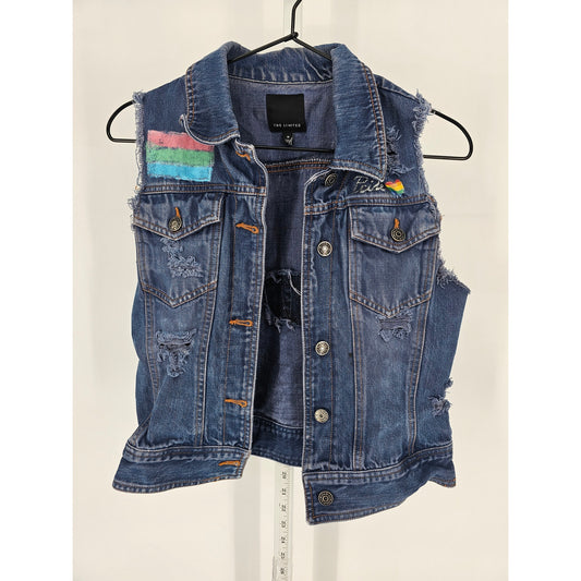 The Limited Womens Sz M Blue Jean Denim Vest Distressed Pride Button Up