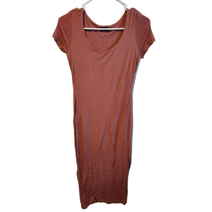 Popular Basics Womens Sz S Midi Shirt Dress Jersey Knit Red Brown Brick