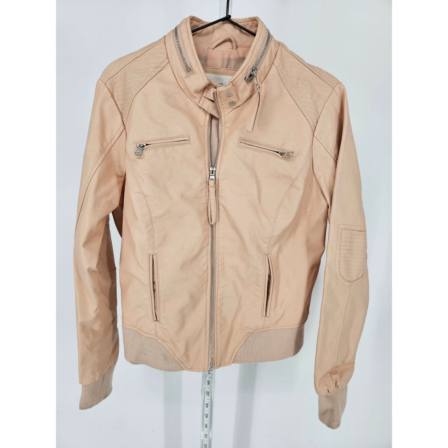 Ci Sono Womens Sz M Cropped Faux Leather Moto Jacket Blush Pink