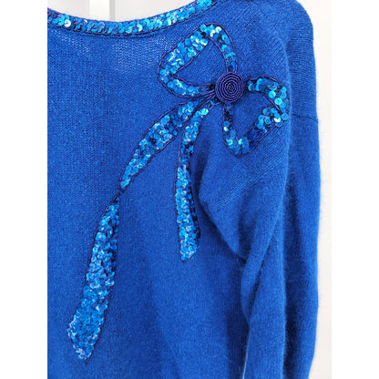 Vintage Robinsons Womens Sz M Silk Blend Knit Sweater Blue Rhinestones