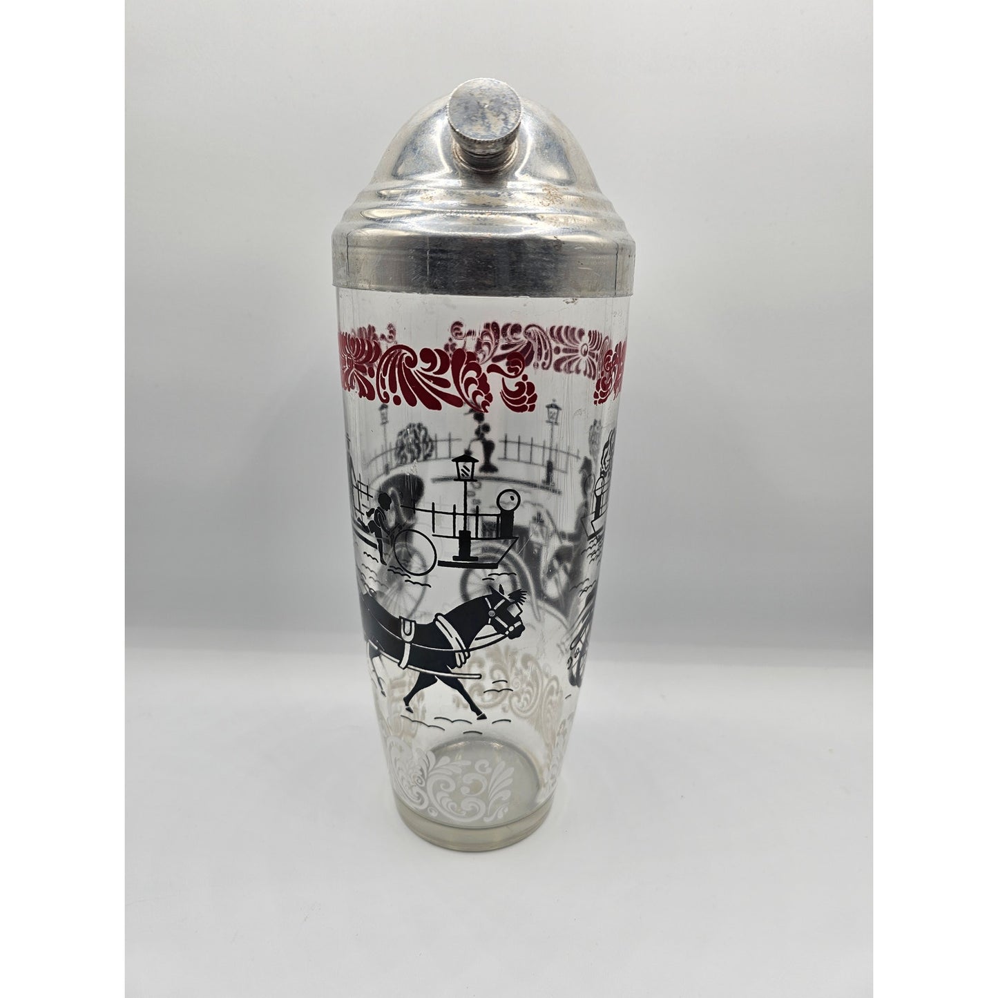 Vintage Mid Century Glass Cocktail Shaker MCM 1960s Red Black Equestrian