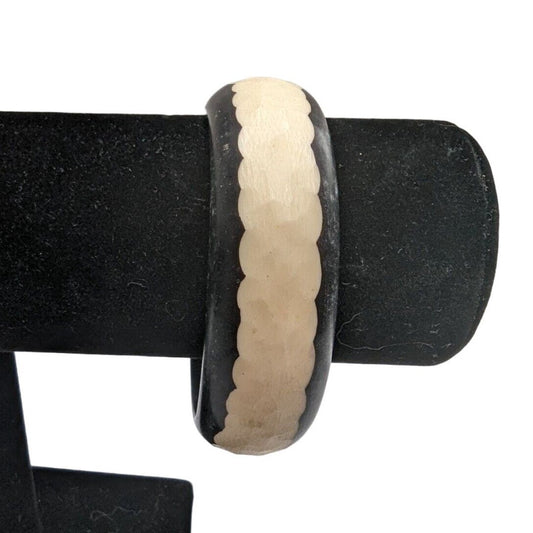 Vintage Black and Ivory Tone Bangle Bracelet Wooden Carved