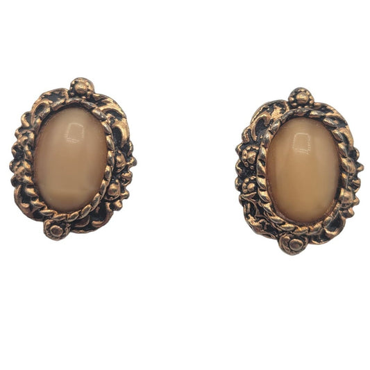 Vintage BARCS Silver TONE Amber Orange Glass CABOCHON Clip ON Earrings