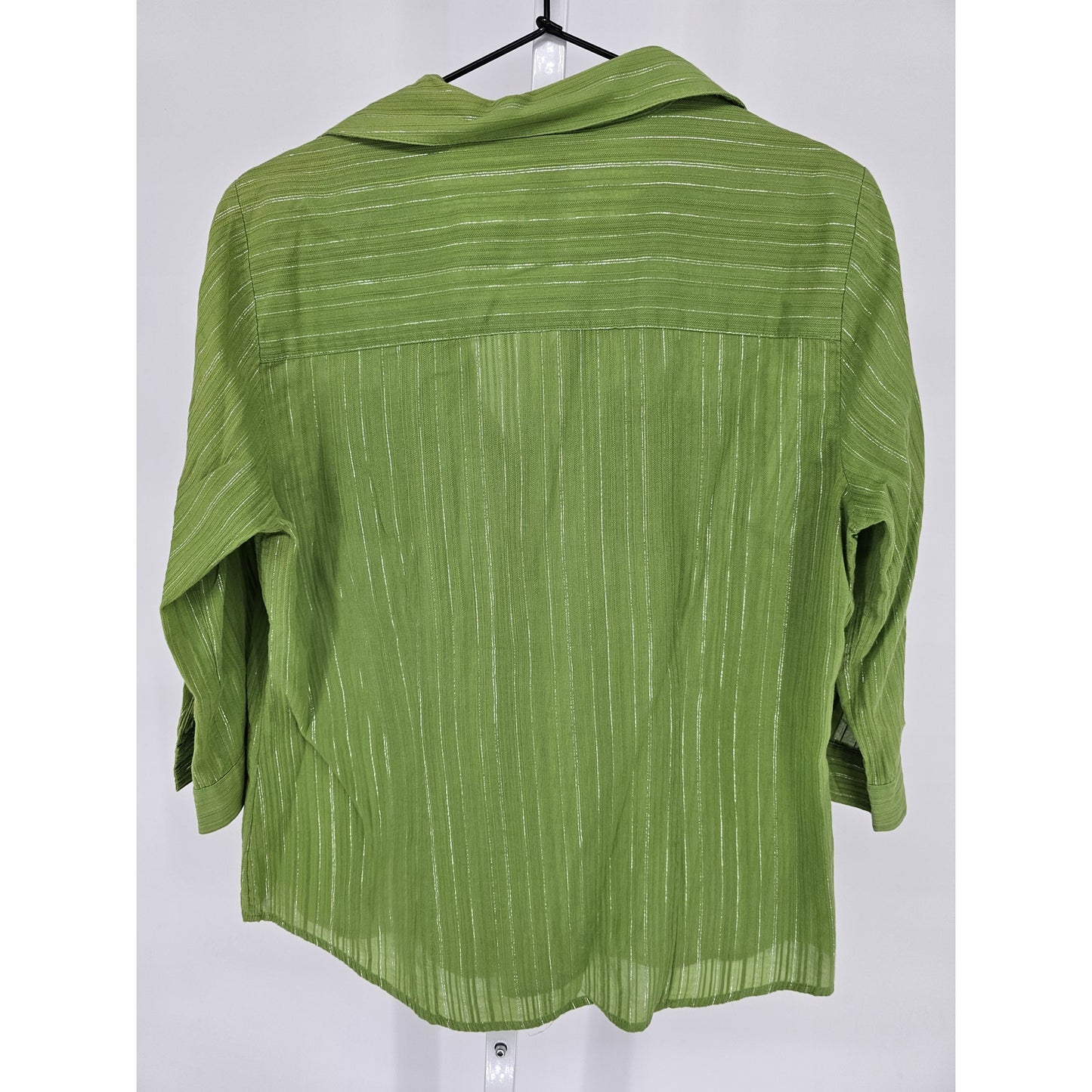 Style & Co Womens Sz 12 3/4 Sleeve Button Up Blouse Green Metallic Weave