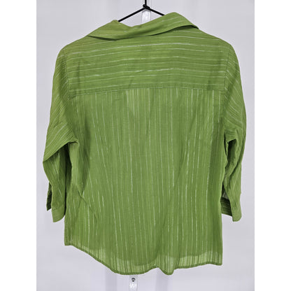 Style & Co Womens Sz 12 3/4 Sleeve Button Up Blouse Green Metallic Weave