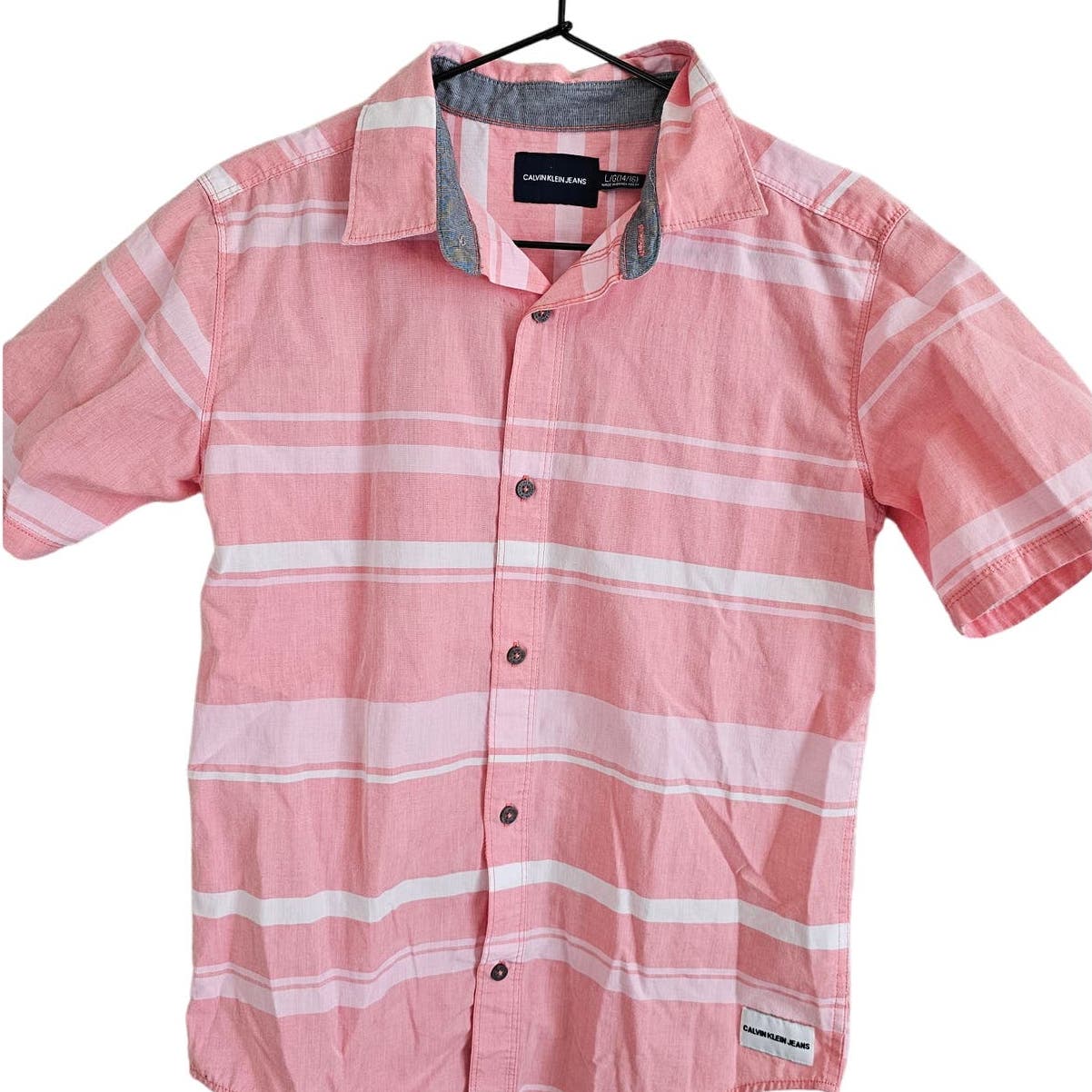 Calvin Klein Jeans Boys Sz L Short Sleeve Button Up Shirt Pink Striped