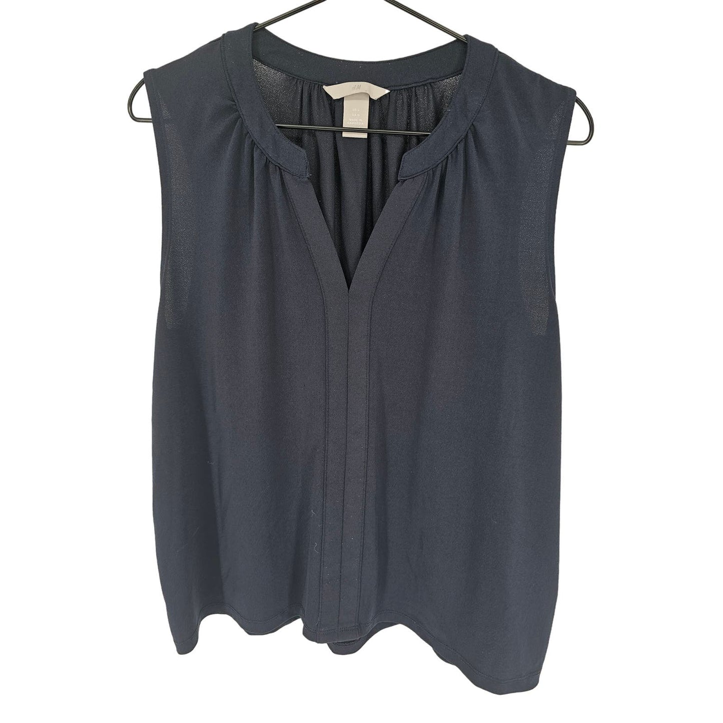 H&M Womens Sz L Sleeveless Split Y Neck Blouse Navy Blue