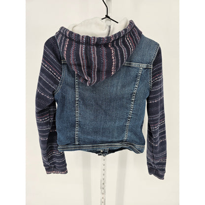 Wallflower Juniors Sz M Cropped Blue Jean Jacket w/ Hood Sweater Sides