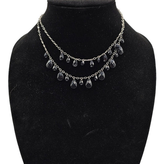 Vintage Y2K 2 Strand Beaded Chain Necklace Black Teardrop Rhinestones