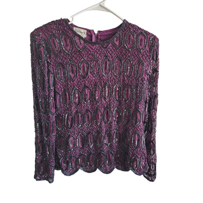 Vintage Stenay Womens Sz M Silk Long Sleeve Fully Beaded Blouse Purple Silver