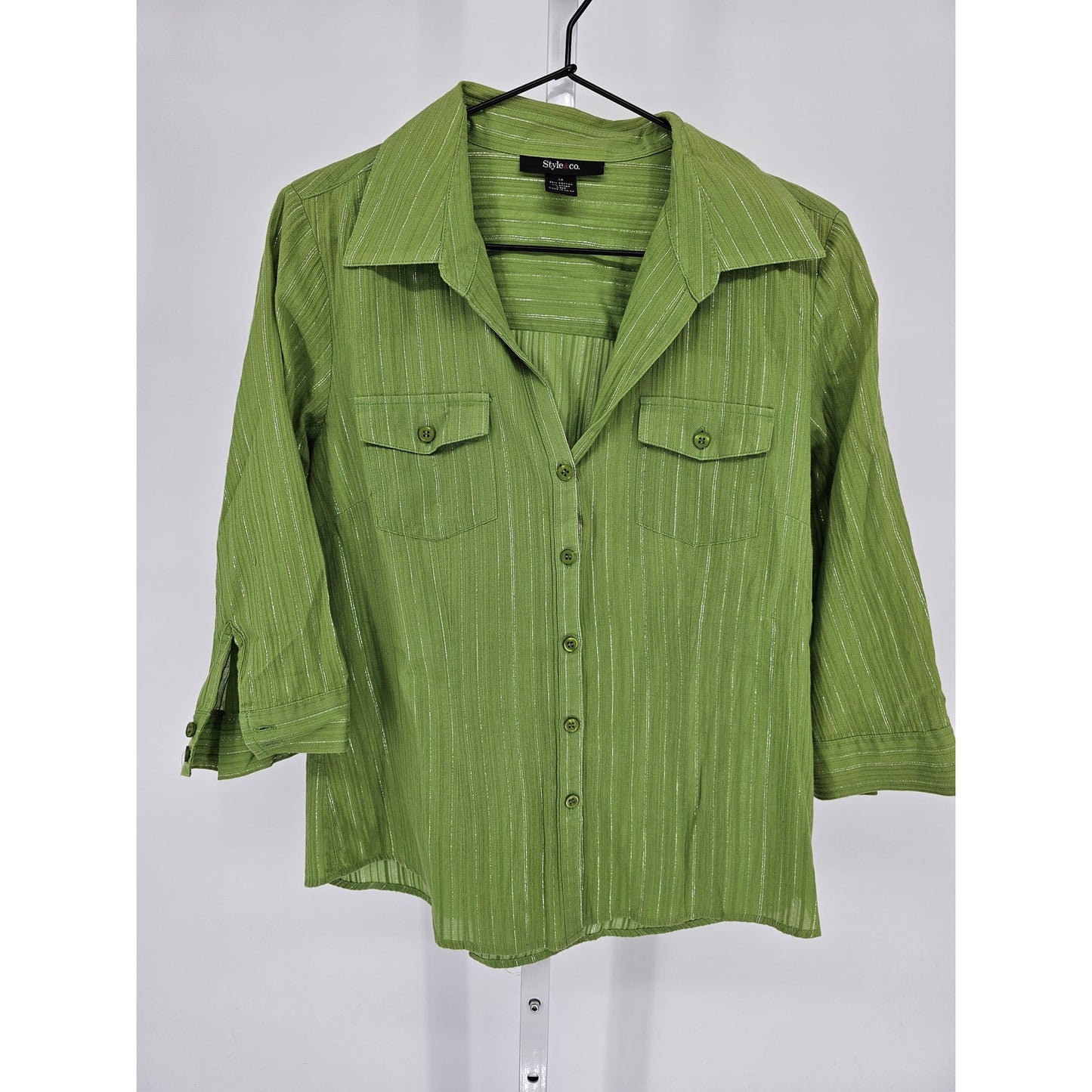 Style & Co Womens Sz 12 3/4 Sleeve Button Up Blouse Green Metallic Weave