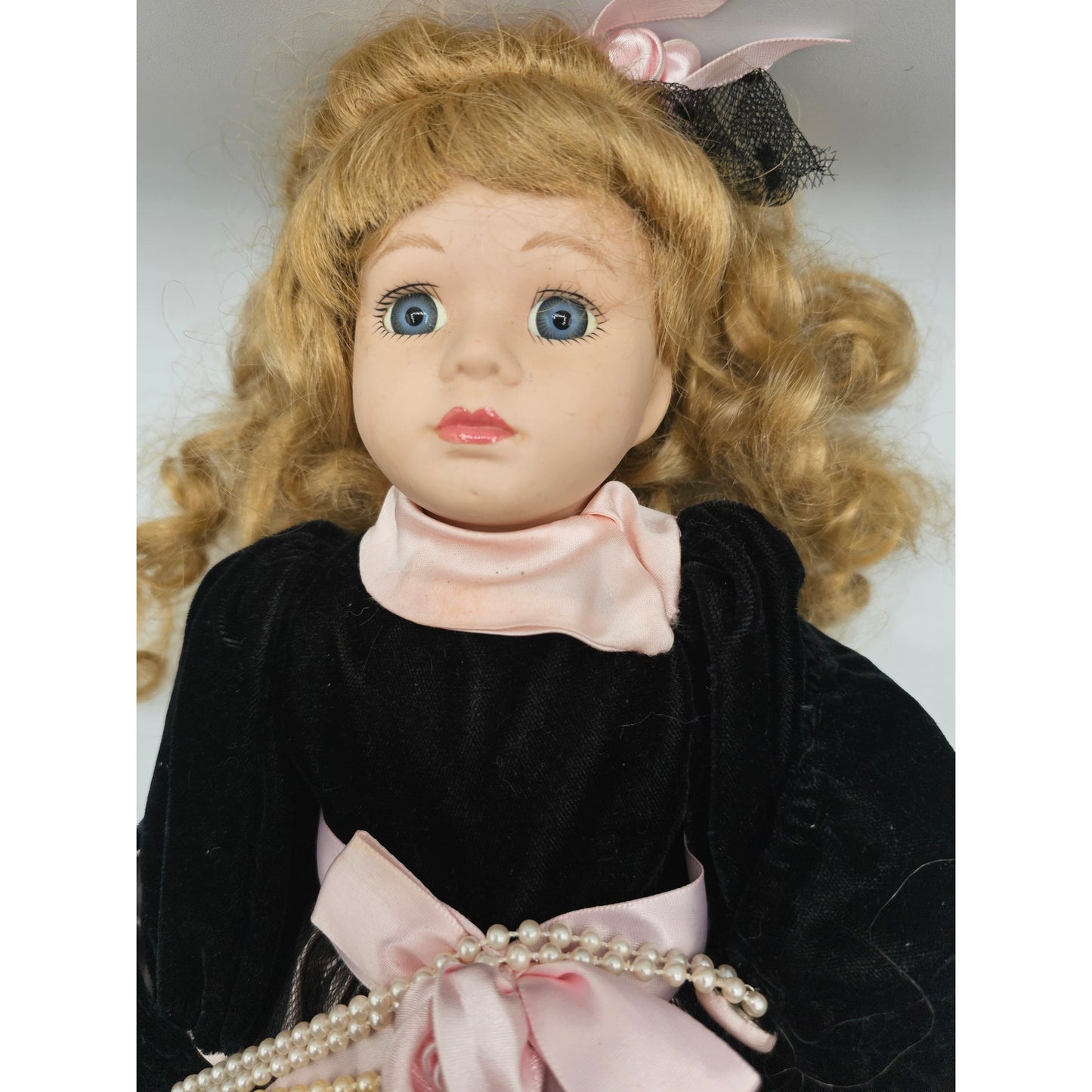 Vintage 1990s Porcelain Doll Curly Blonde Hair Black Velvet Victorian Dress