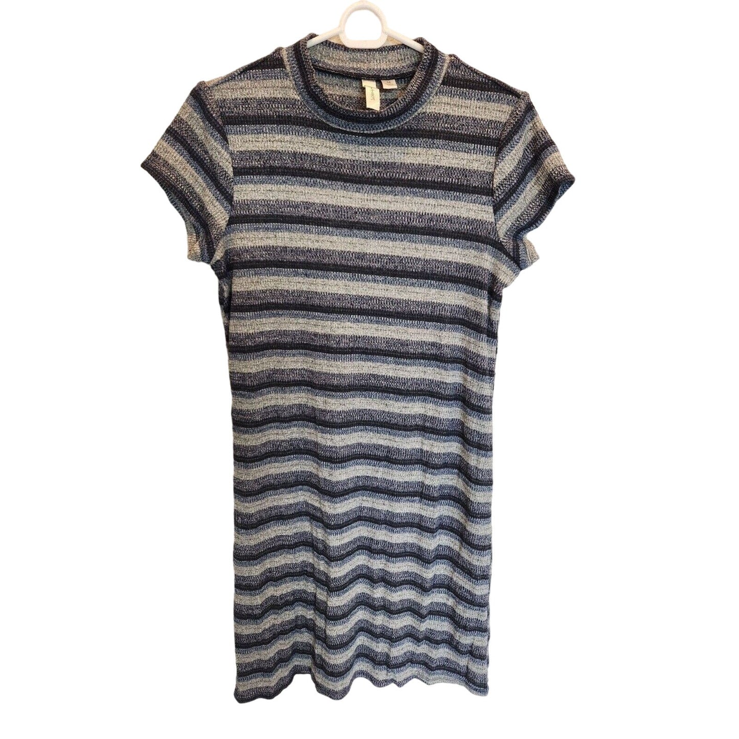 Tacera Womens Sz M Short Sleeve Knit Turtleneck Dress Knee Length Blue Striped