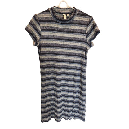 Tacera Womens Sz M Short Sleeve Knit Turtleneck Dress Knee Length Blue Striped