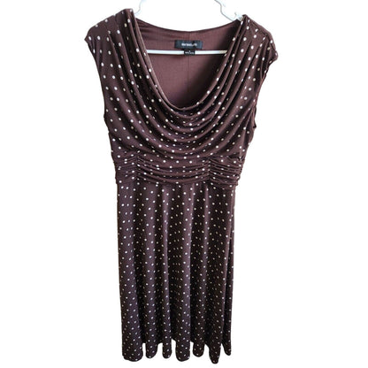 Siena Studio Womens Sz M Midi Dress Brown and White Polka Dot Scoop Neck