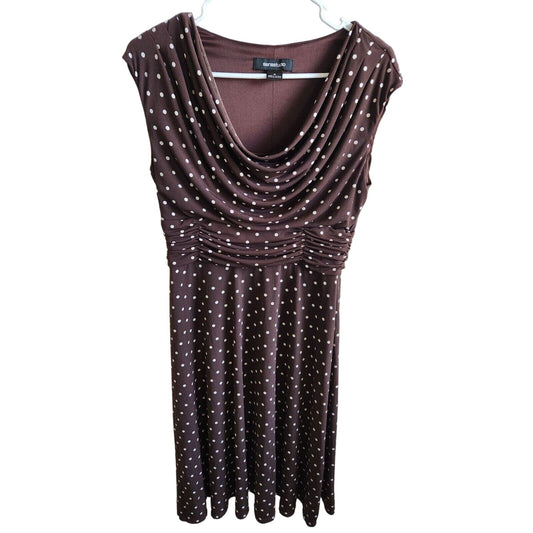 Siena Studio Womens Sz M Midi Dress Brown and White Polka Dot Scoop Neck