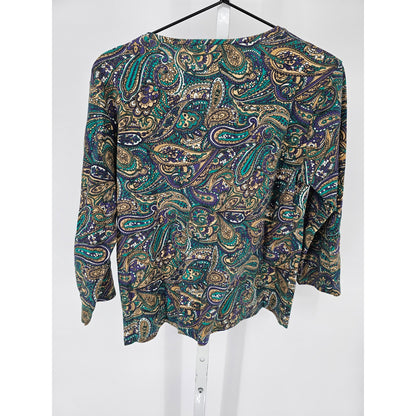 Vtg Jones New York Sport Womens PL Petite V Neck Long Sleeve Paisley T Shirt